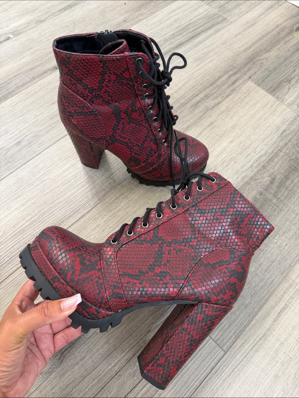 Red Snake-Print Lace-Up Platform Ankle Boots